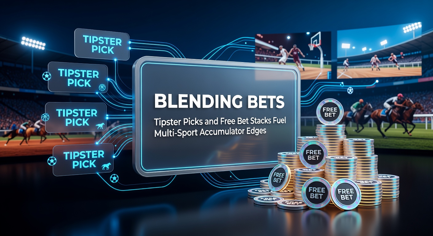 Graphic showing intertwined sports icons like football, basketball, and horse racing forming an accumulator bet structure with tipster icons and free bet stacks overlayed