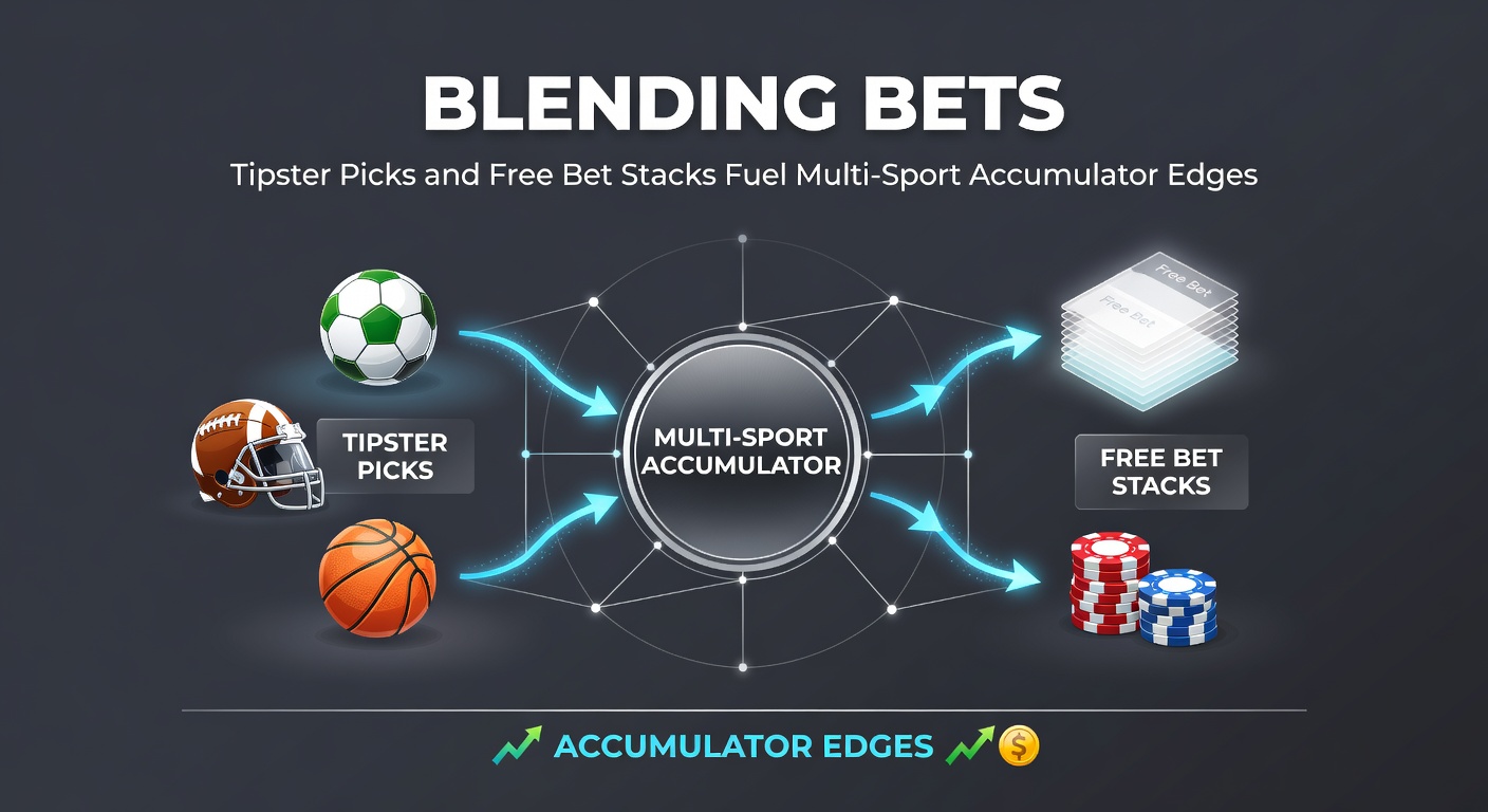Illustration of stacked free bet chips building into a towering accumulator pyramid across football pitch, basketball court, and race track elements