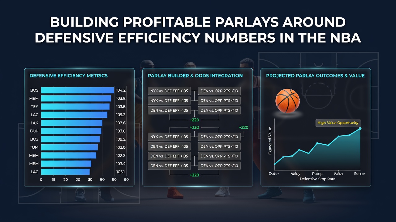 NBA players defending during a high-stakes game with defensive efficiency graphics overlaid