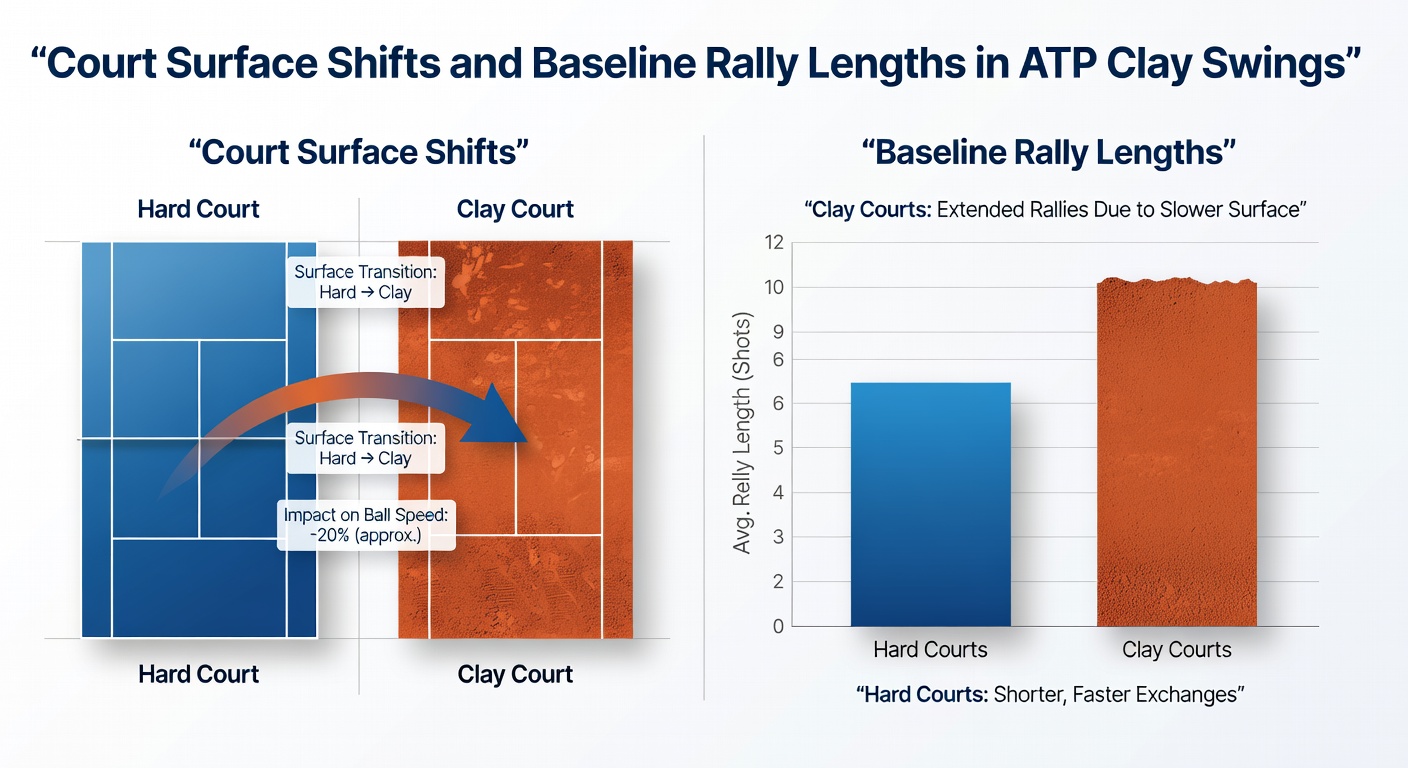 Detailed view of clay court texture and player positioning during a long baseline rally in an ATP tournament