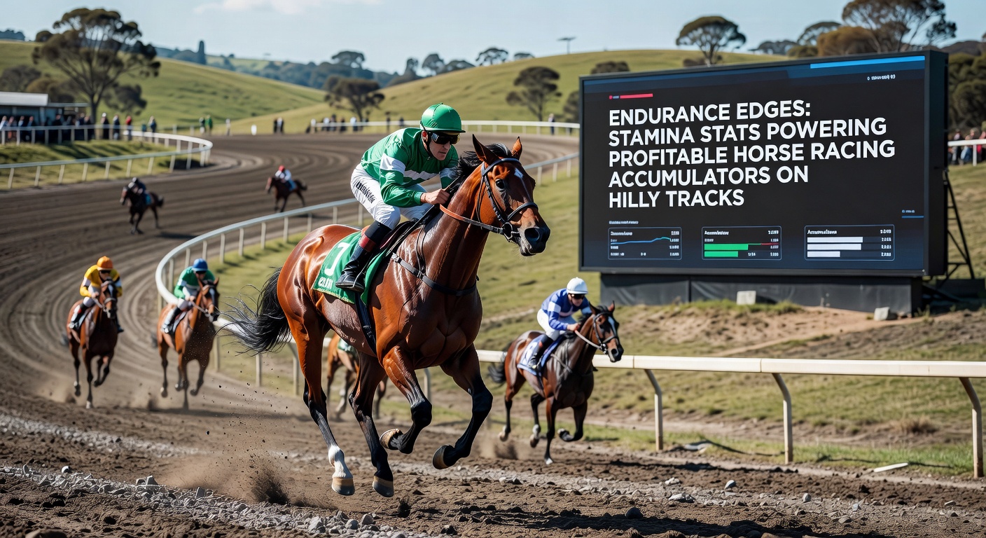 A thoroughbred powering up a steep incline during a horse race on a hilly track, muscles straining under the challenge