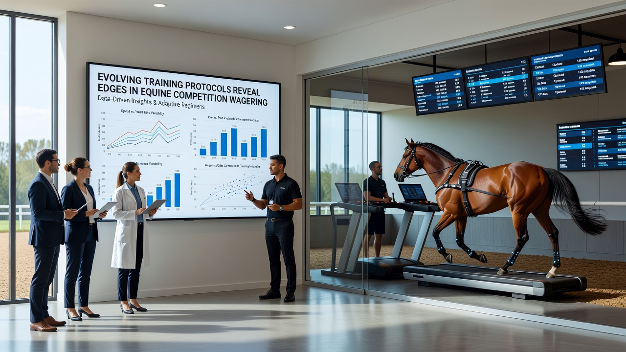 Veterinarian reviewing real-time biometric data from a racehorse during a monitored training session on grass