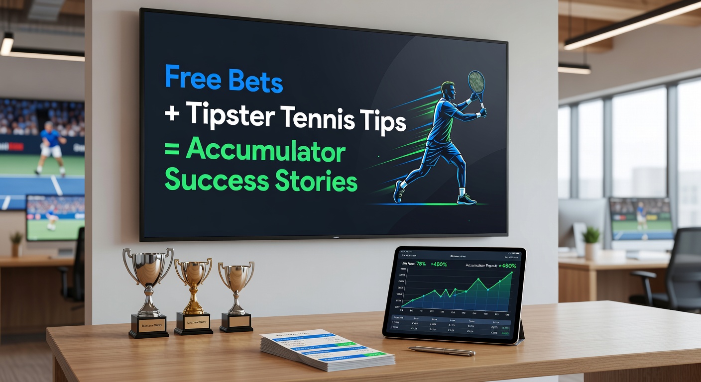 Tennis player serving on clay court with accumulator bet odds overlay, highlighting free bet promotions