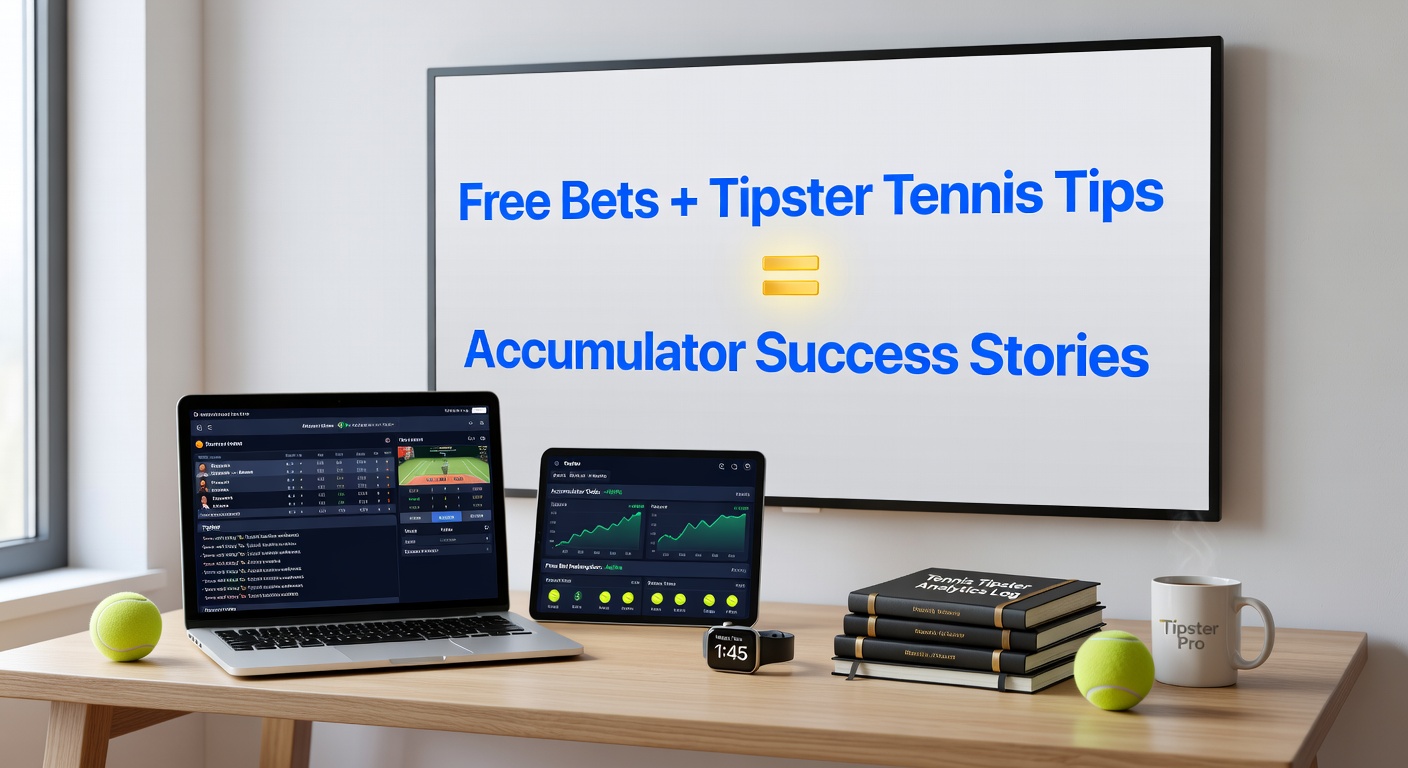Digital graphic showing stacked accumulator slips with tennis matches, free bet icons, and tipster verification badges