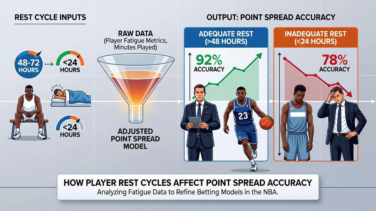 Statistical chart overlay on basketball court illustrating rest cycle data and spread outcomes