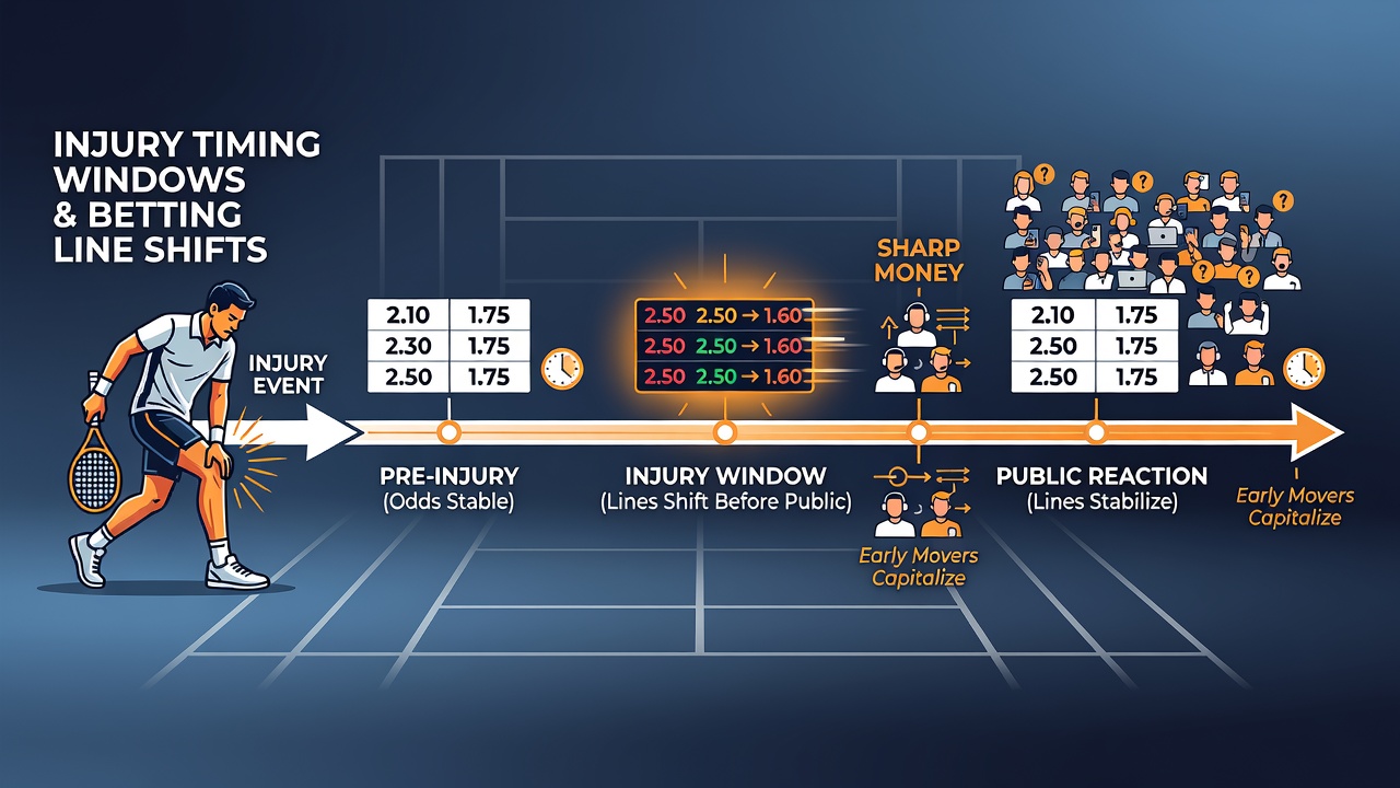 Close-up of tennis court with medical staff and player discussing during a break, illustrating timing windows for injury reports