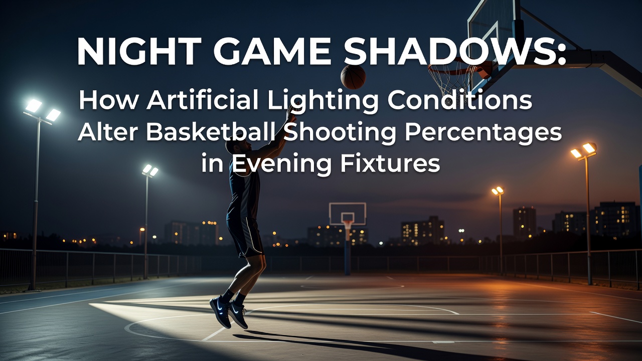Basketball arena under artificial lights during an evening game showing court shadows and player positioning