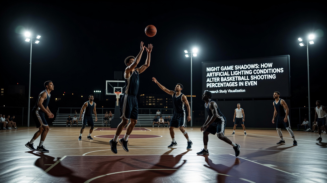 Close-up view of basketball court under evening artificial lighting highlighting shadow lines near the three-point arc
