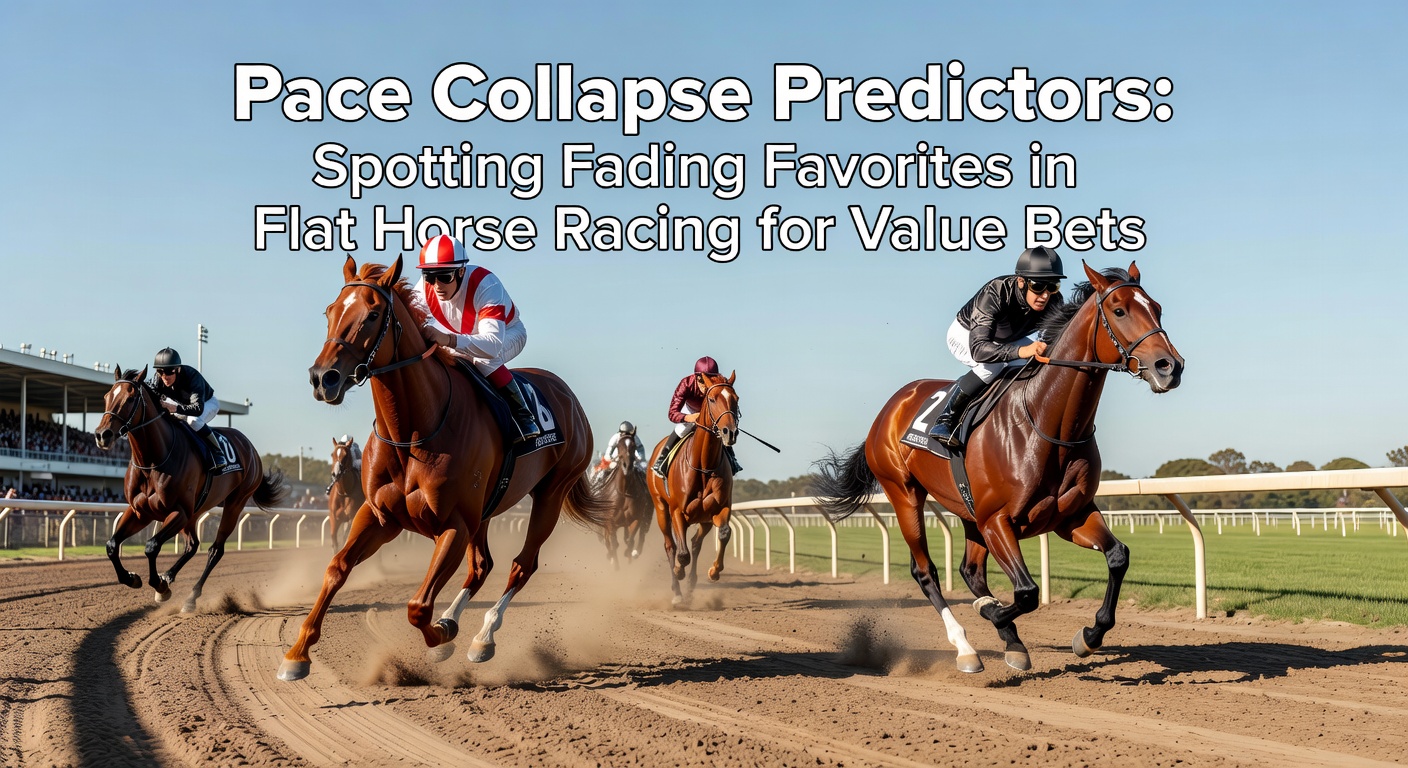 A front-running horse in flat racing pulling ahead early but showing signs of tiring on the turn, with closers gaining ground in a crowded field