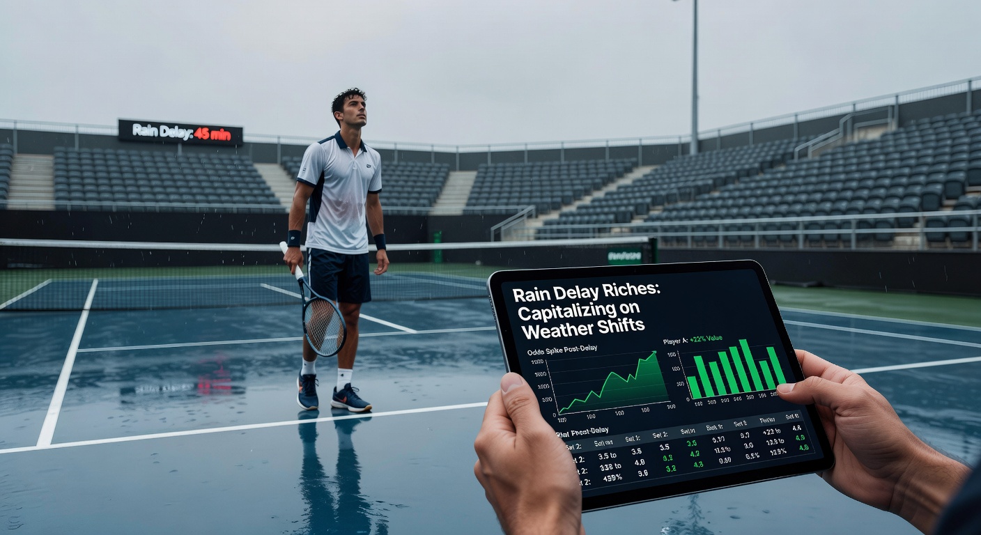 Tennis players covering courts during a sudden rain delay at an outdoor tournament, highlighting weather's unpredictable role in matches