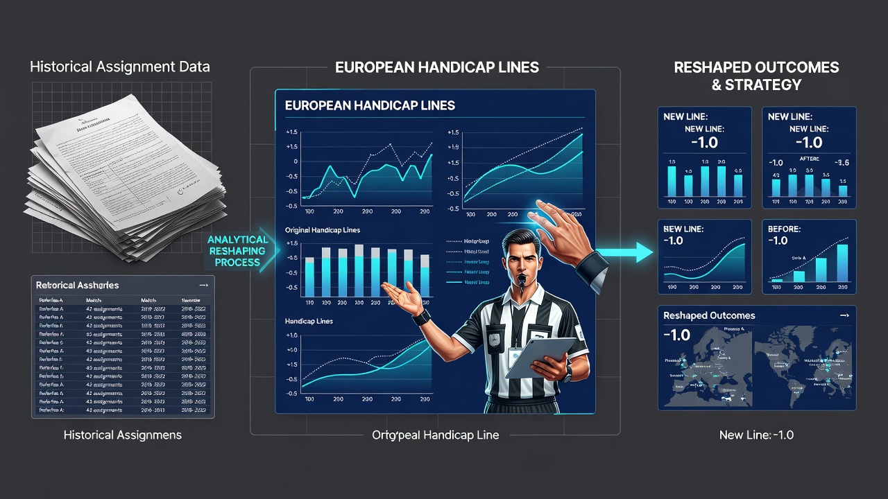 European football stadium with referee and handicap betting data overlay