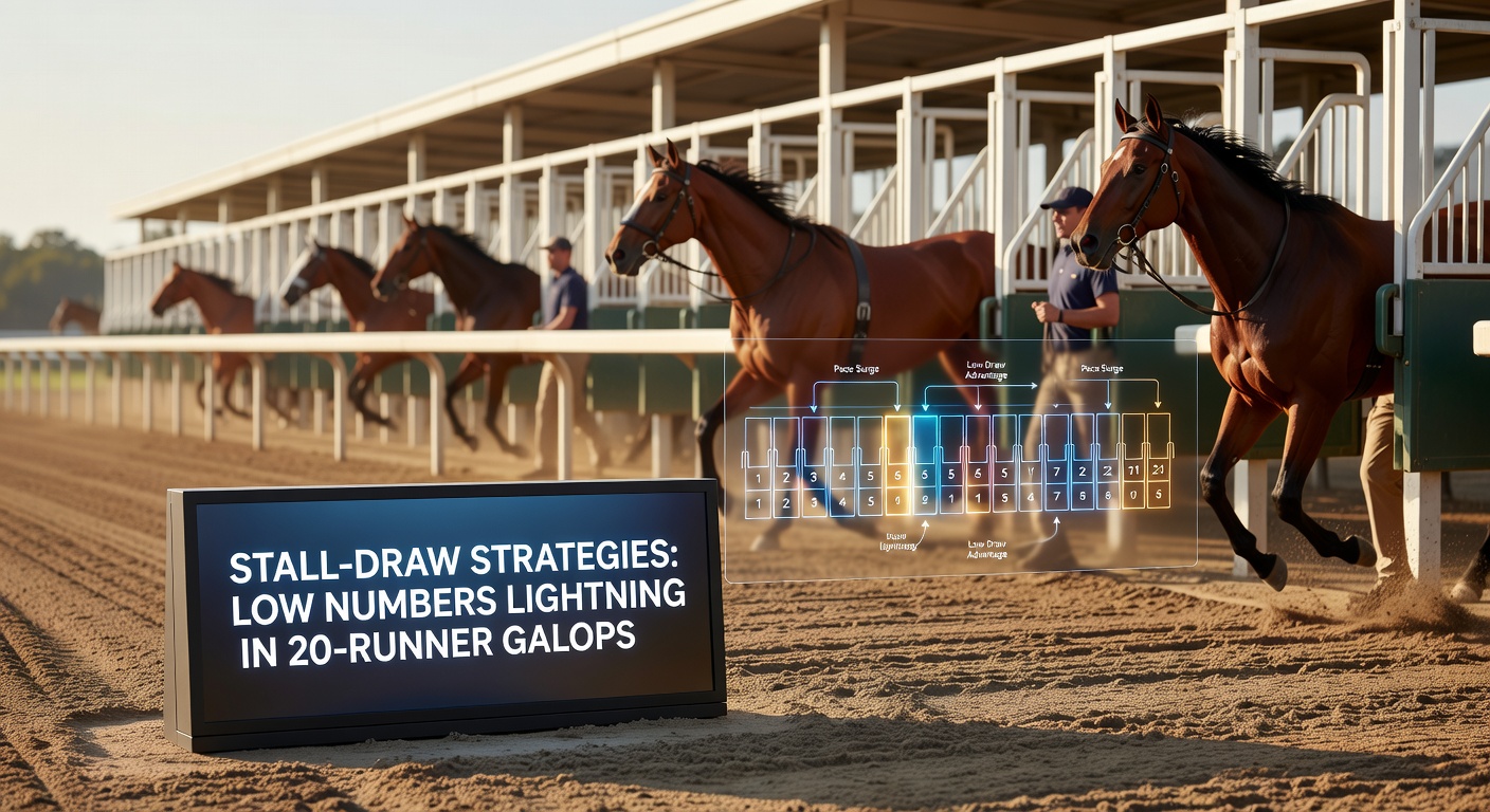 A field of horses bursting from the stalls in a large 20-runner handicap race, with low-numbered stalls positioned closest to the inside rail on a straight track