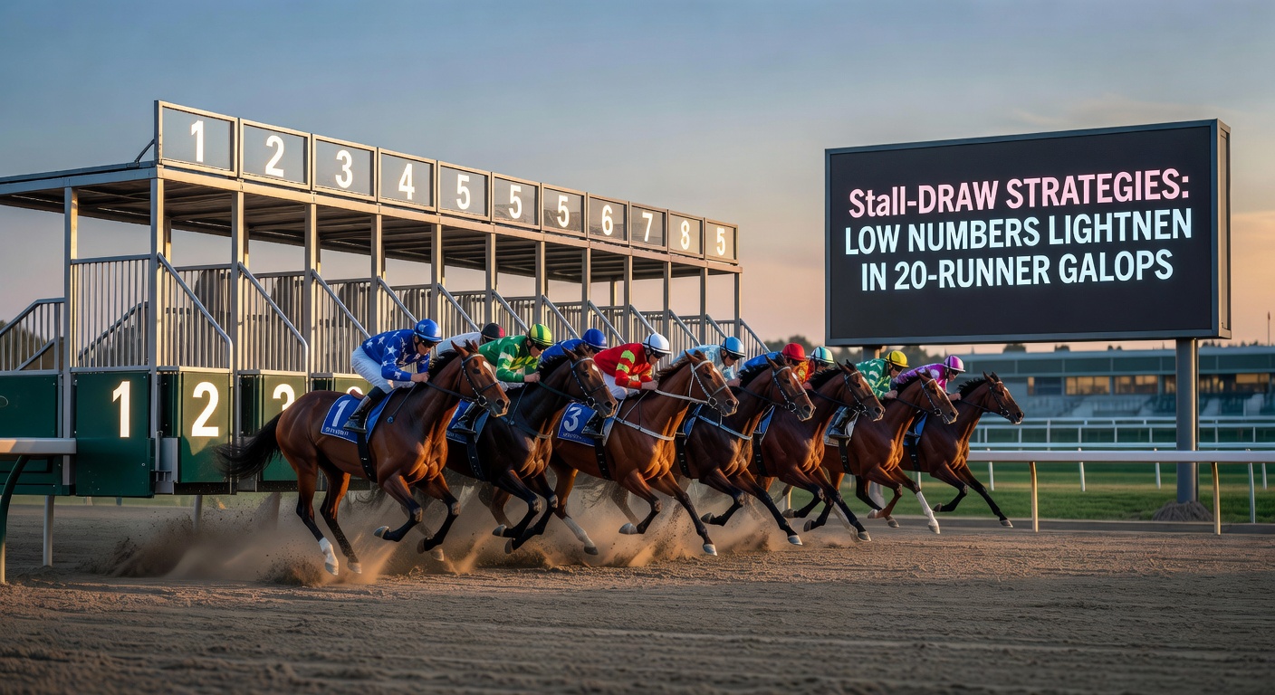 Close-up of a low-stall horse drawing clear down the inside rail during a packed 20-runner straight-mile gallop, kicking away from the chasing pack