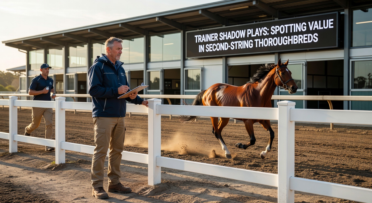 A trainer in the shadows of the stable, overseeing a group of lesser-known thoroughbreds during morning workouts, highlighting the subtle strategies behind second-string runners