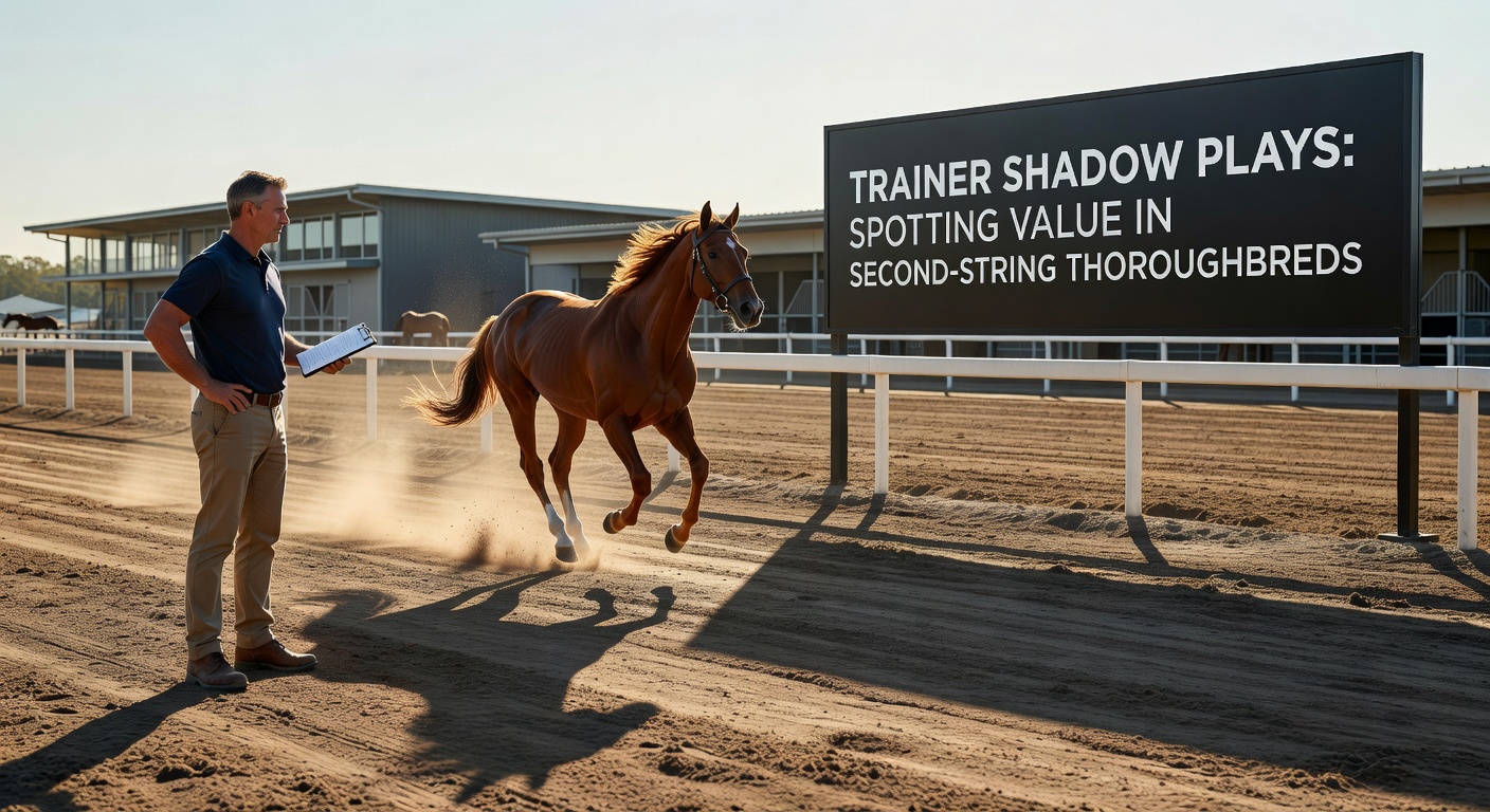 Close-up of a second-string thoroughbred galloping strongly in training, with trainer and assistant observing from the rail, capturing the moment of potential value discovery