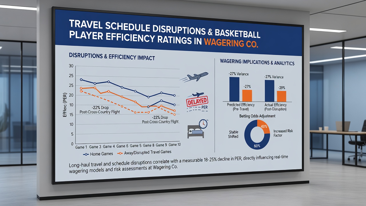 Data visualization screen displaying basketball efficiency charts overlaid with travel route maps and betting line adjustments